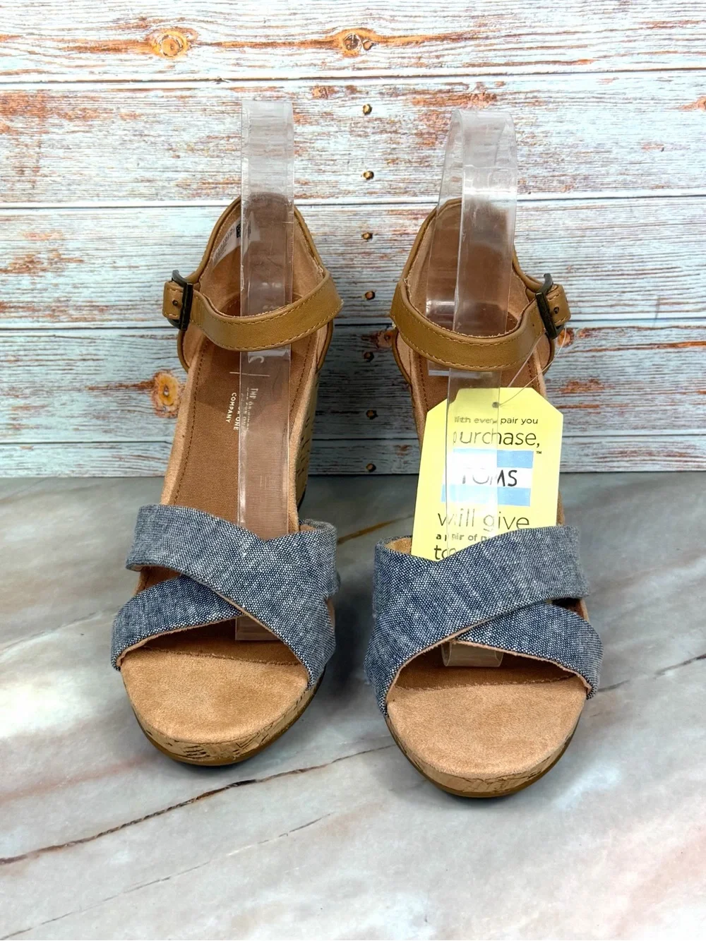 NEW TOMS Sienna Wedge Sandals Chambray Blue and Tan Cork Wedge Platform